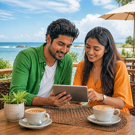 Young couple applying for a Mini Cash Loan online in Sri Lanka using a tablet at a seaside café